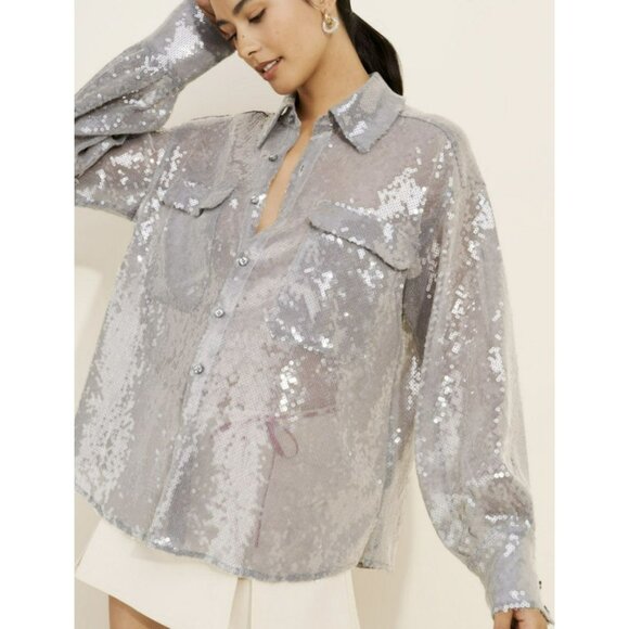 Free People $168 Disco Margarita Sequins Silver Top Small NWT - Picture 1 of 7